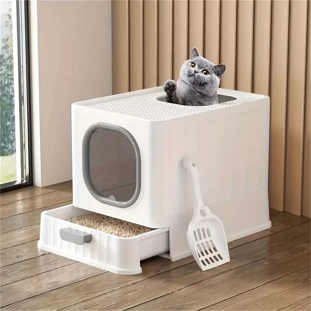 Large Cat Litter Box Pet Toilet Skylight Enclosed Drawer Scoop Covered Tray Pet Kitten Training Toilet with Scoop