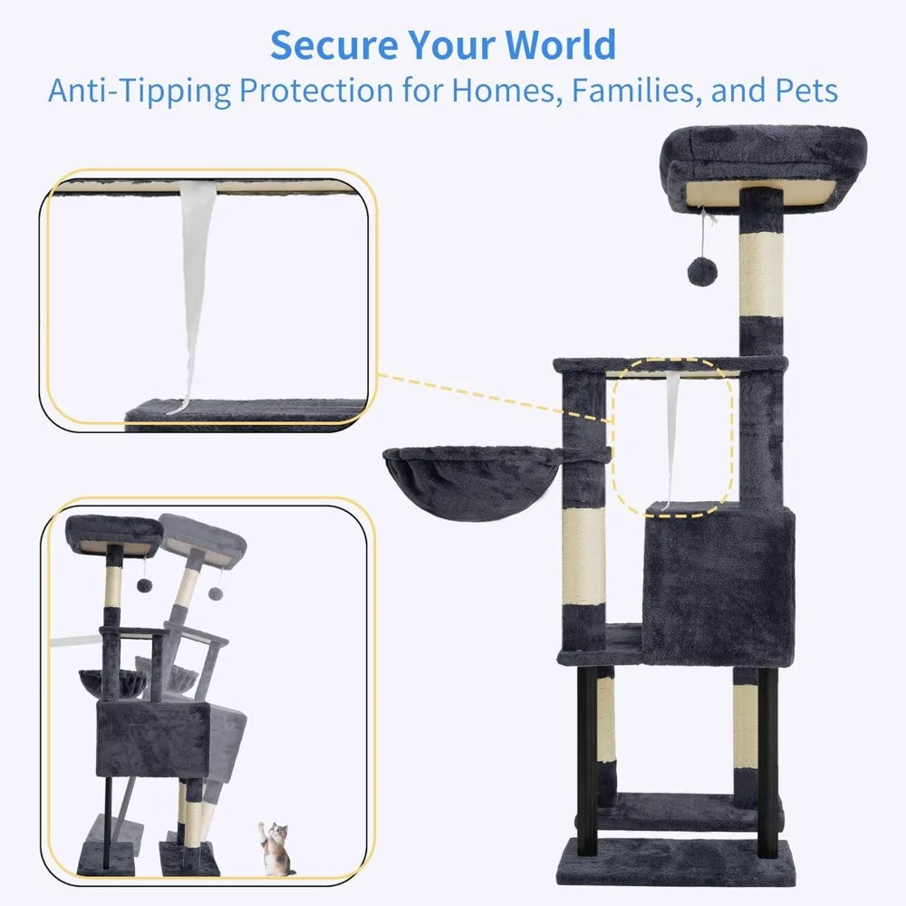 49In MultiLevel Cat Tower with Hidden Condo Steel Frame Plush Perch Hammock and Sisal Posts