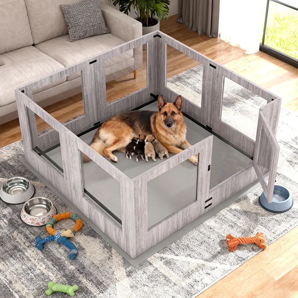 Heavy Duty Dog Whelping Box Indoor Tempered Glass Pet Dog Playpen Kennel Cage Training Enclosure Fence Rails with Waterproof Mat