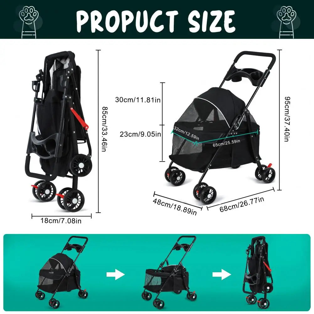 Dog Cat Stroller, Outdoor Travel Pet Cart Folding Stroller With Cup Holder, Visible Mesh Cage Stroller for Medium Small Dog