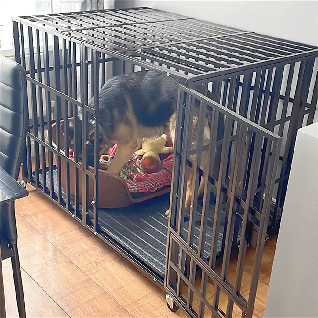 XXL XL Large Heavy Duty Dog Crate Strong Pet Cage Tear Resistant Square Tube Metal Kennel Playpen with Lockable Wheels and Tray