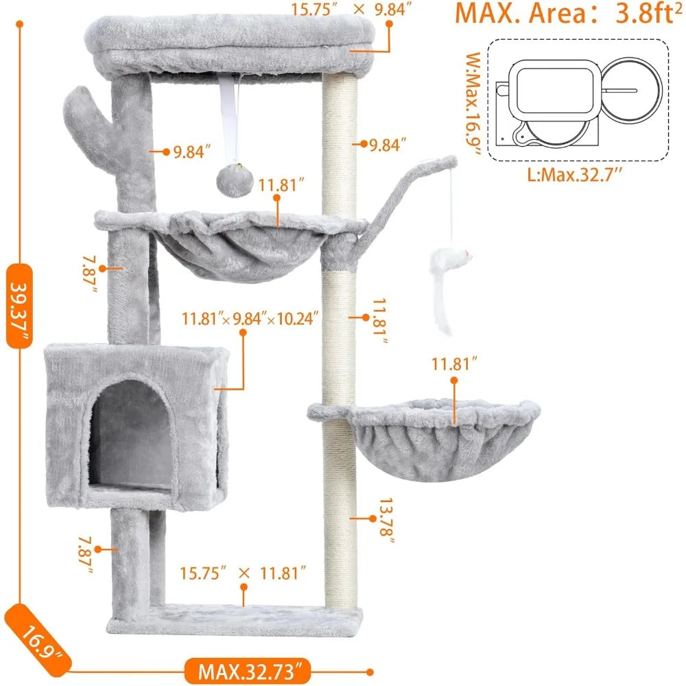 Cat Tree Tower 39 Inches Condo with Scratching Posts Sisal Platforms Baskets Toy Light Gray