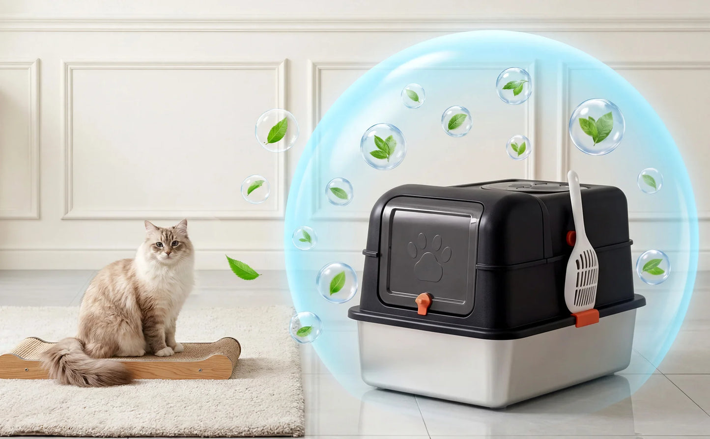 Dog Proof Litter Box Large Stainless Steel Cat Litter Box with Lid, XL Enclosed Metal Litter Pan, Front Entry Top Exit, High-Sided Anti-Leak, Includes Scoop for Big Cats & Multi-Cat Home