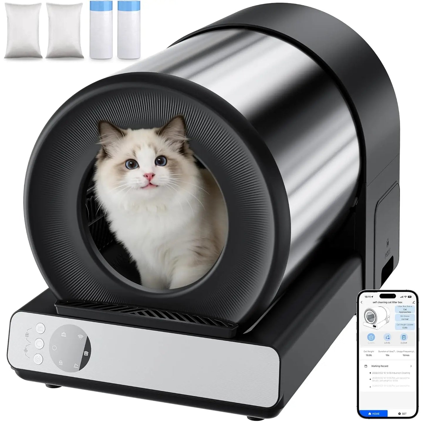 Self Cleaning Litter Box for Multiple Cats, Automatic Cat Litter Box Large Capacity, Stainless Steel Drum with App, Customized