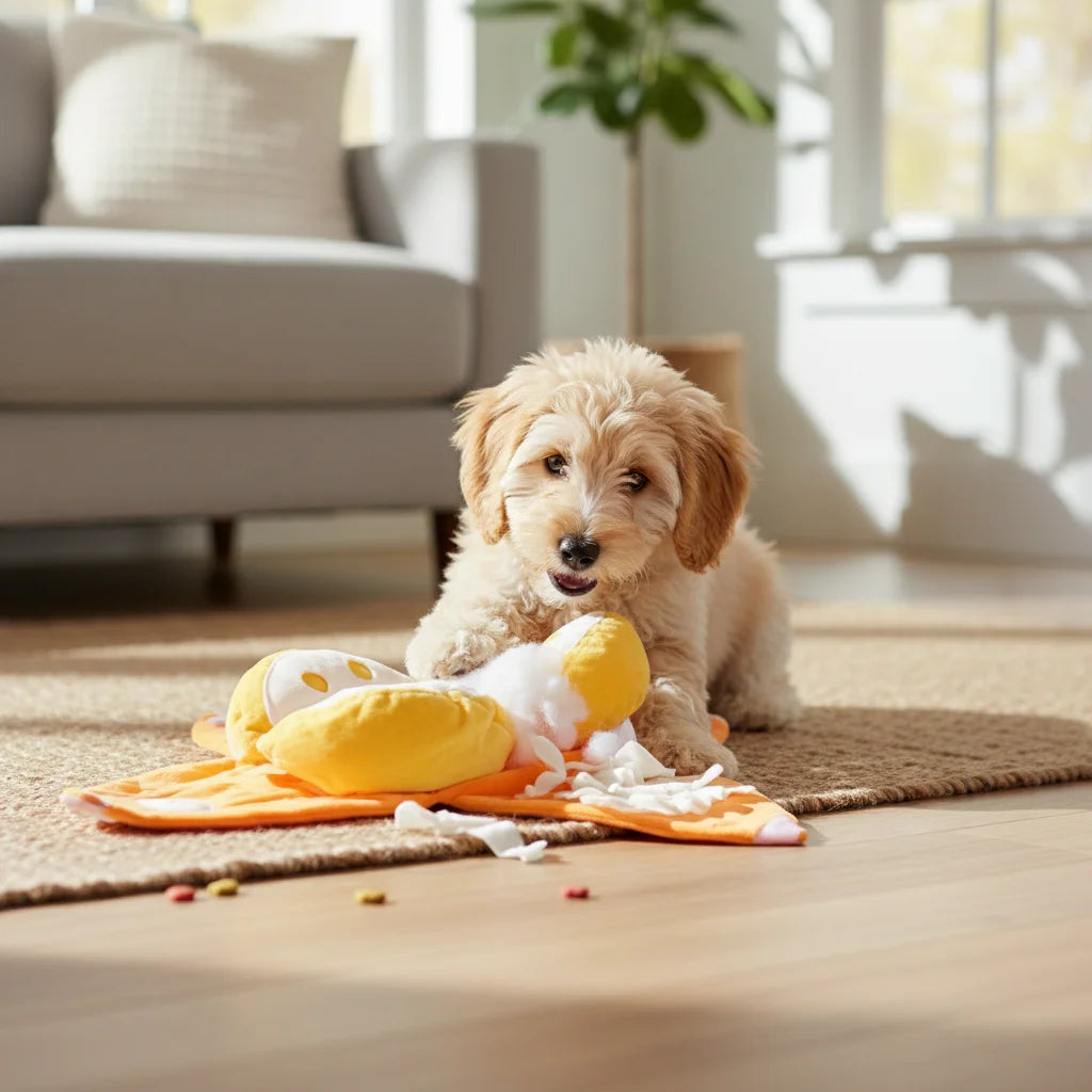 Soft Plush Dog Puzzle Toy Orange Hide and Seek Snuffle Mat With Squeaker Crinkle Sound For Interactive Play Small Dogs Toys