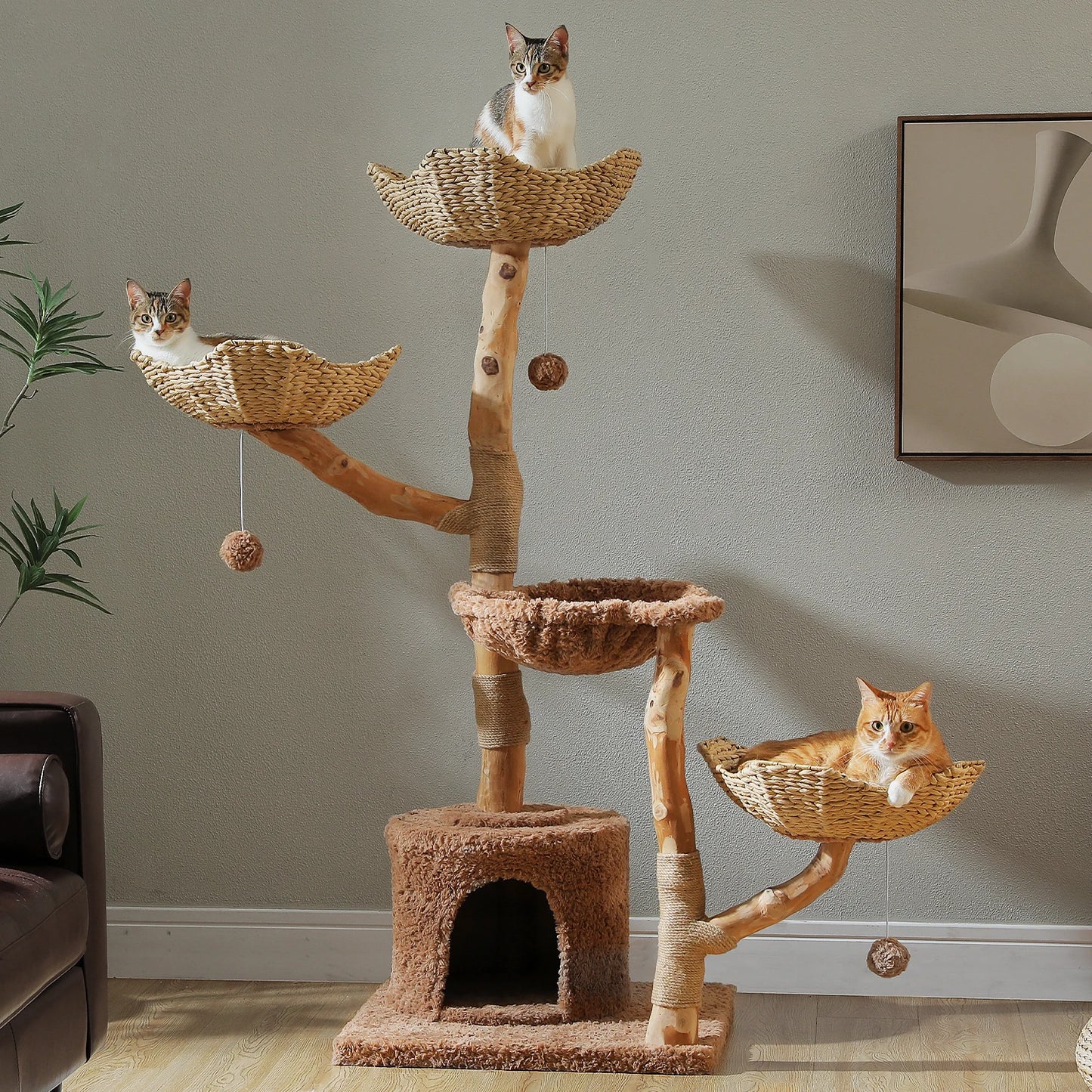 Large Cat Tree Tower with Sisal Scratching Post Wicker Basket Bed Flower Cat Condo Indoor Modern Cat Furniture Cat Accessories