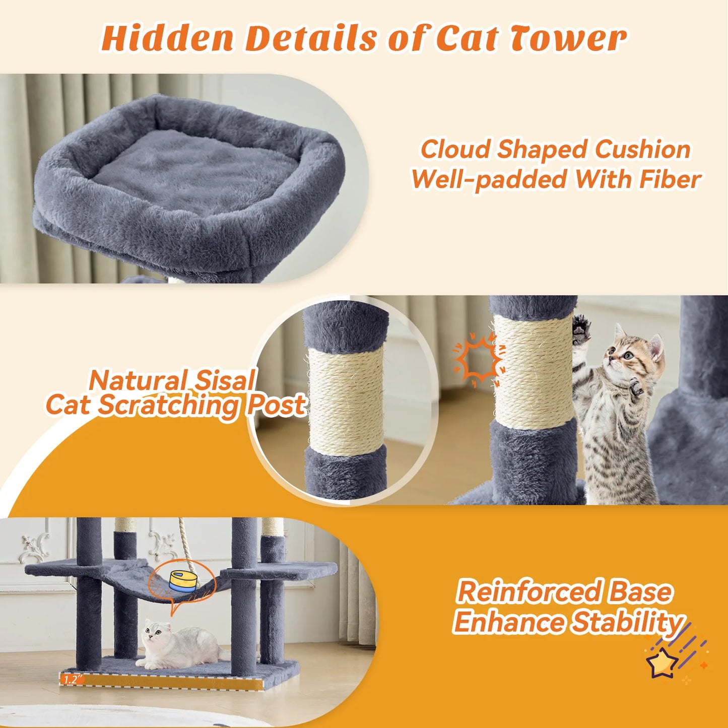 MCQ 66 Inch Cat Tree Tower Multi Level Cat Climbing Tower with Natural Sisal Scratching Posts Pet Condo for Indoor Cats Kittens