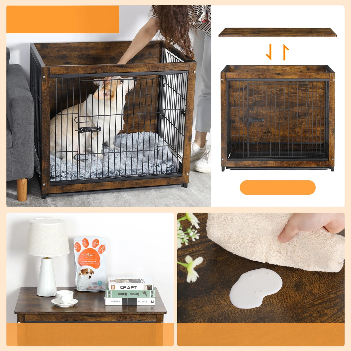 Spacious Brown Wooden Dog Cage End Table Pet Kennel Crate Indoor Furniture for Medium to Large Dogs Animal Cage