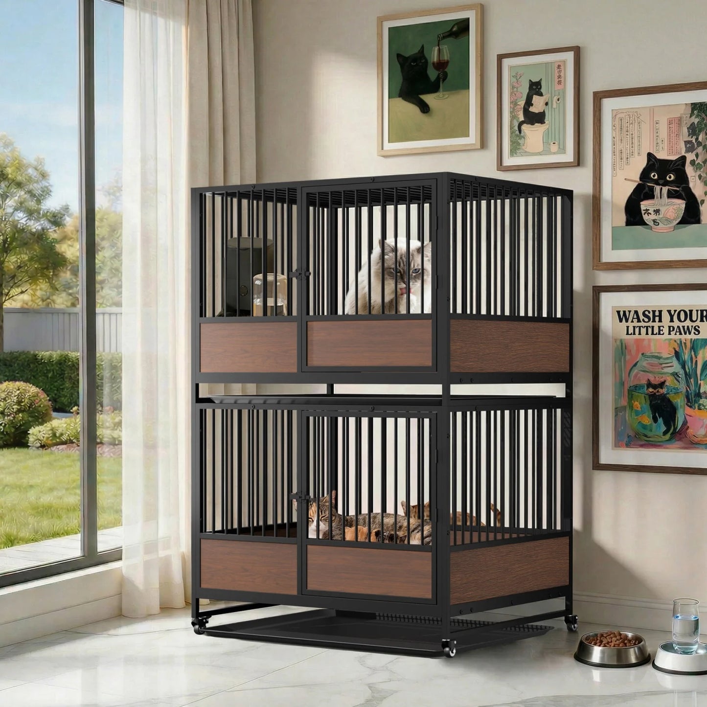 Furniture Style Metal Cat Cage Pet Kennel Roliing Cat Kittens Whelping Crate with Removable Tray for Homes Pet Shops