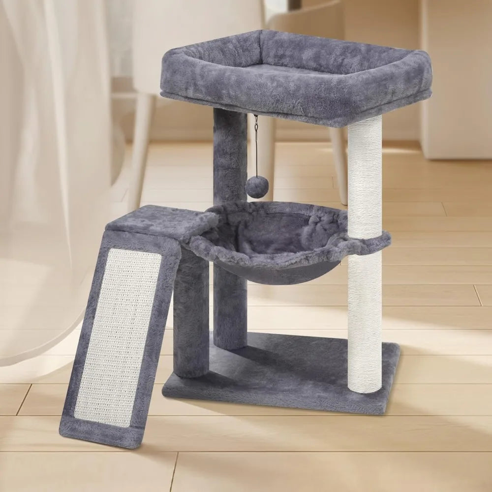 Cat Tree Tower with Scratching Posts Board Hammock and Toy Balls for Indoor Cats Grey