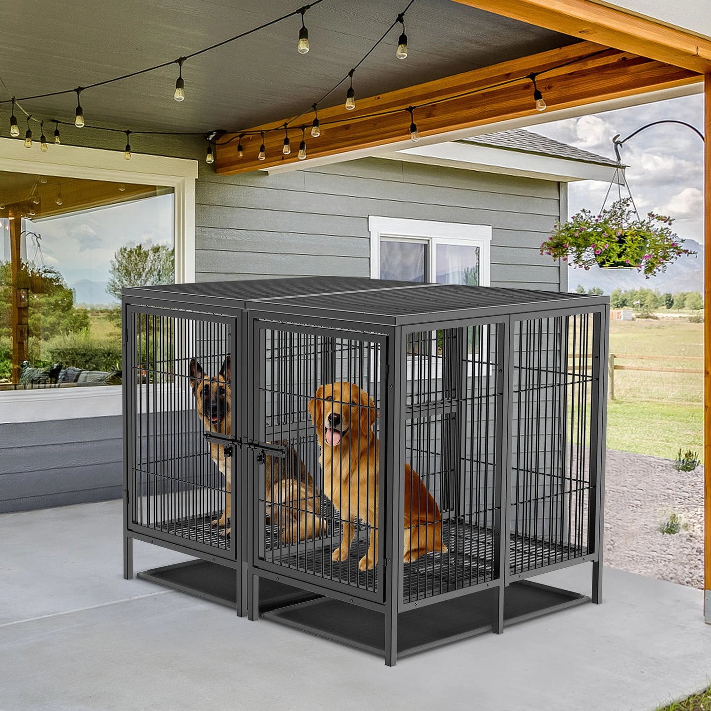 XXXL Large Heavy Duty Metal Dog Cage Raised Crate Pet Playpen Kennel Partition for 2 Dogs with Double Door Tray Divider Playpen