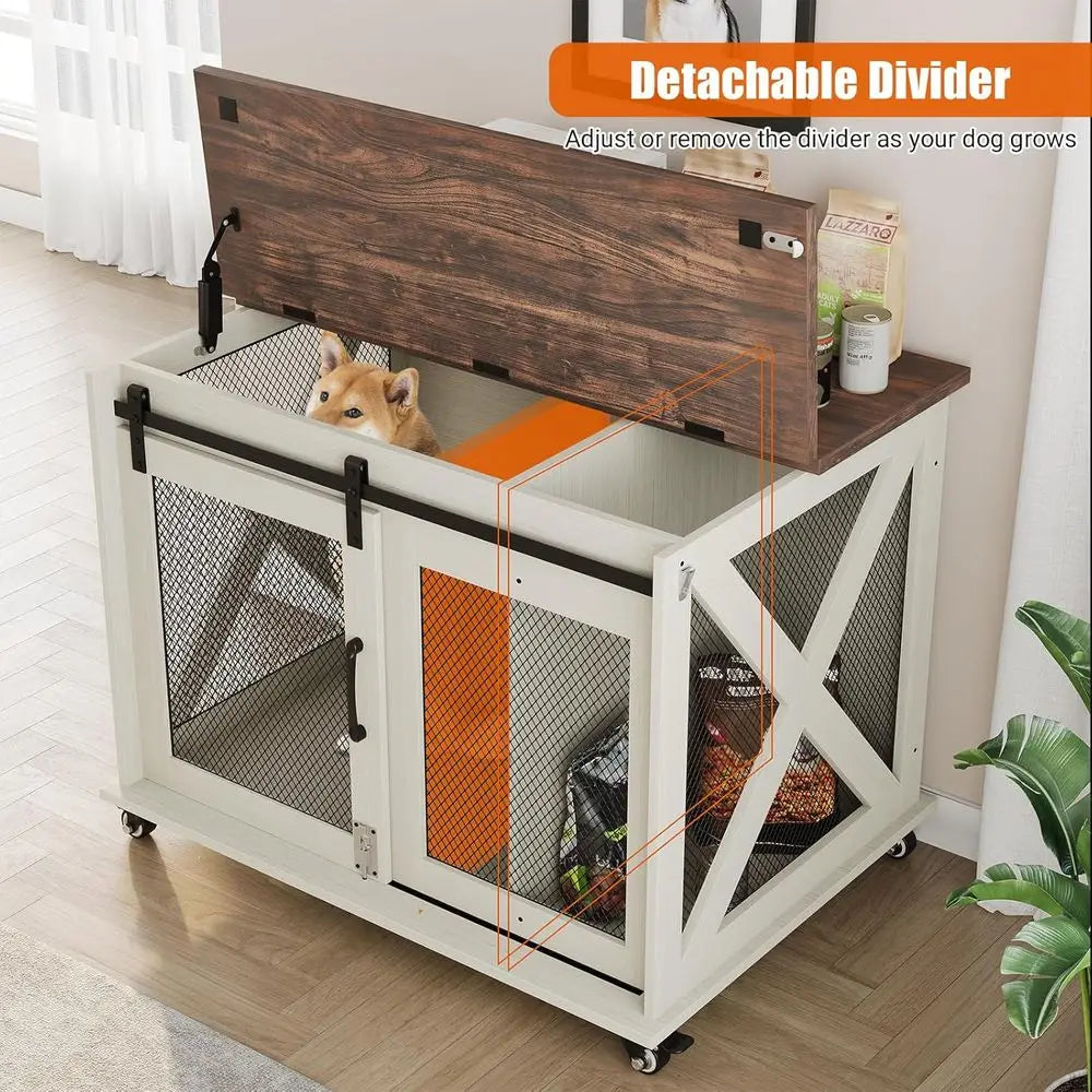 37 Sliding Barn Door Dog Crate Furniture, Wooden Top Kennel End Table, Medium Dog House, Two-Tone Brown & White