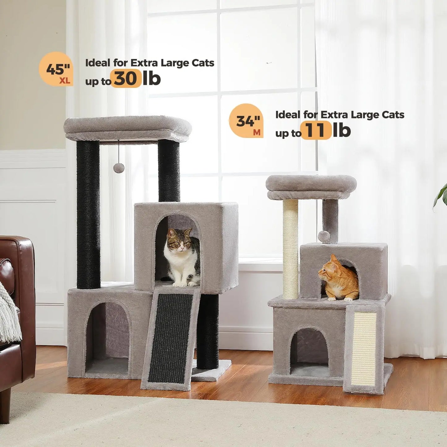 Cat Tree for Indoor Cats Adult, 45-Inch Heavy Duty Cat Tower with Sisal Scratching Ramp, 2 Cat Condo for Extra, Customized