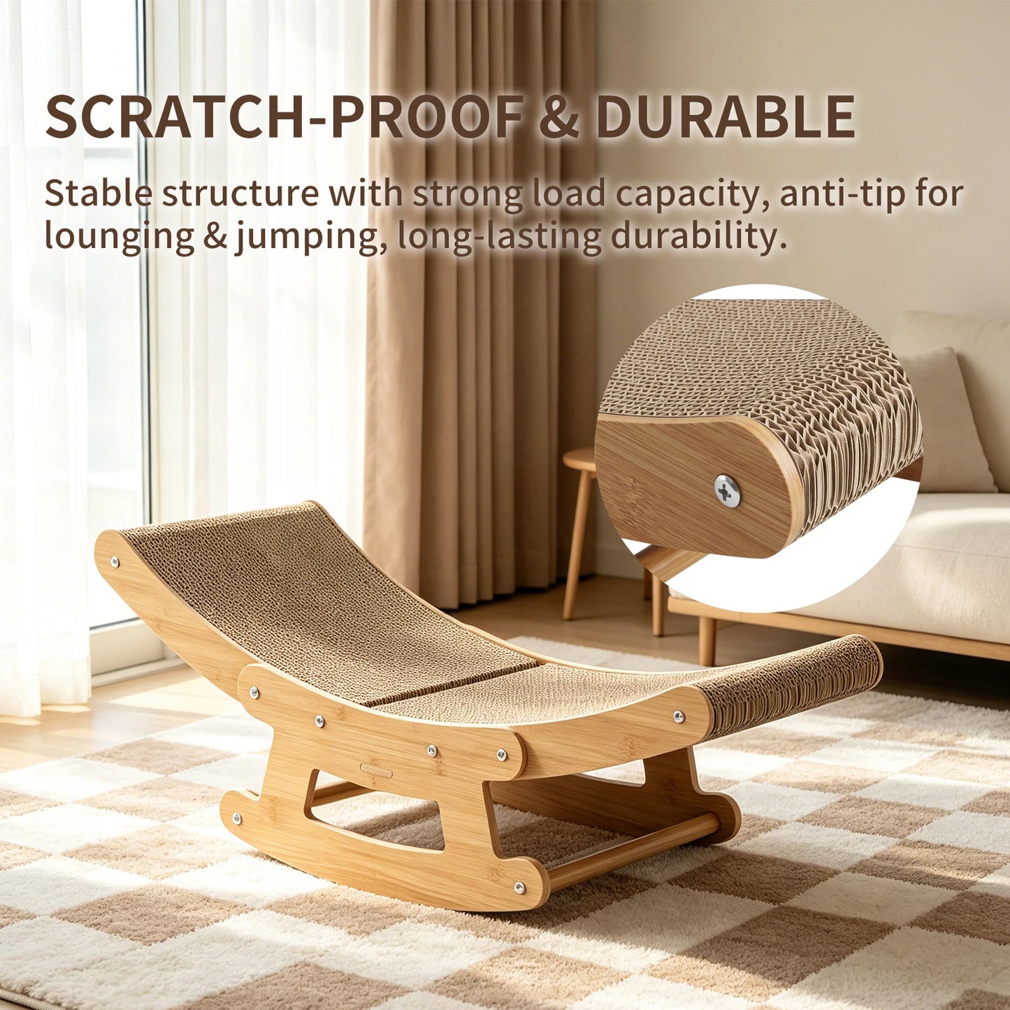 Cat Rocking Scratcher Chair for Indoor Cats, 2-in-1 Natural Corrugated Cardboard Cat Scratching Lounge, Wooden Frame Rocker Bed, Multi-Functional Cat Resting Hammock Furniture, Easy to Assemble