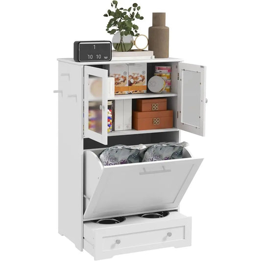 Dog Feeding Station with 2 Storage Cabi, Elevated Bowls, Side Hooks, Anti-tip Kit, Hidden Pet eeder Station or eeding & Watering,