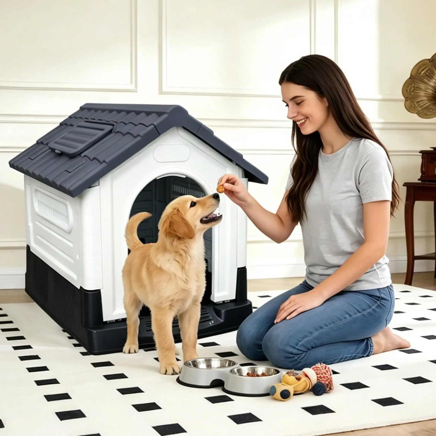 Waterproof Outdoor Dog House With Ventilation, Raised Floor And Openable Roof, Large Plastic Pet Shelter For Medium Dogs