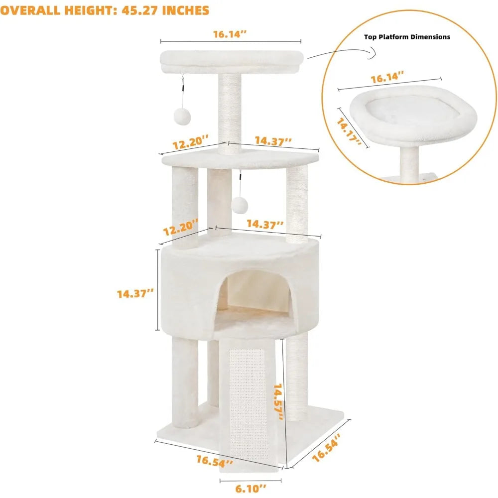 45 Inch Multi Level Cat Tower with Condo Scratching Posts Board and Toys for Indoor Small Spaces Beige