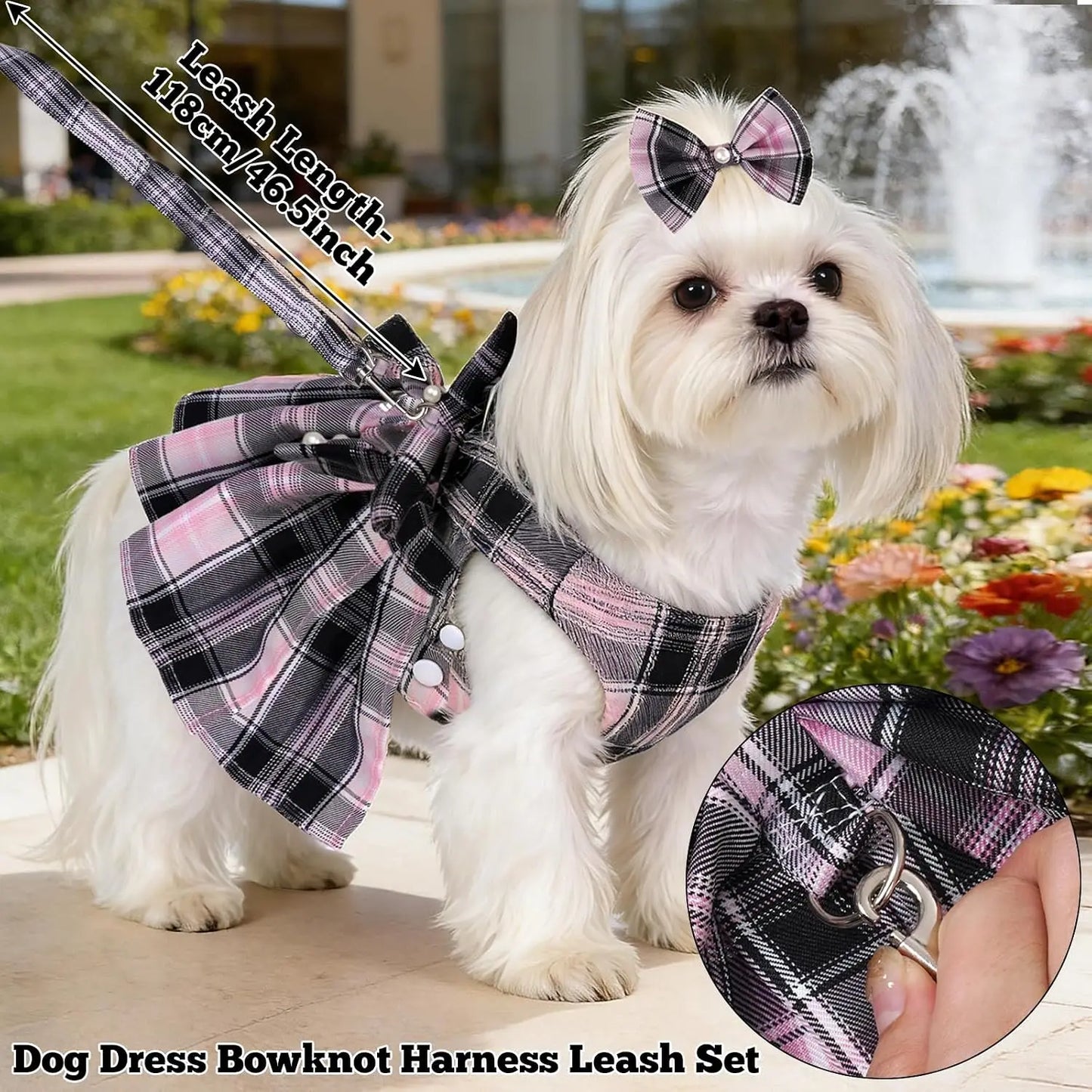 Dog Plaid Dress Harness and Leash Set with Bow for Small Girl Dog Cat Adjustable Mesh Vest