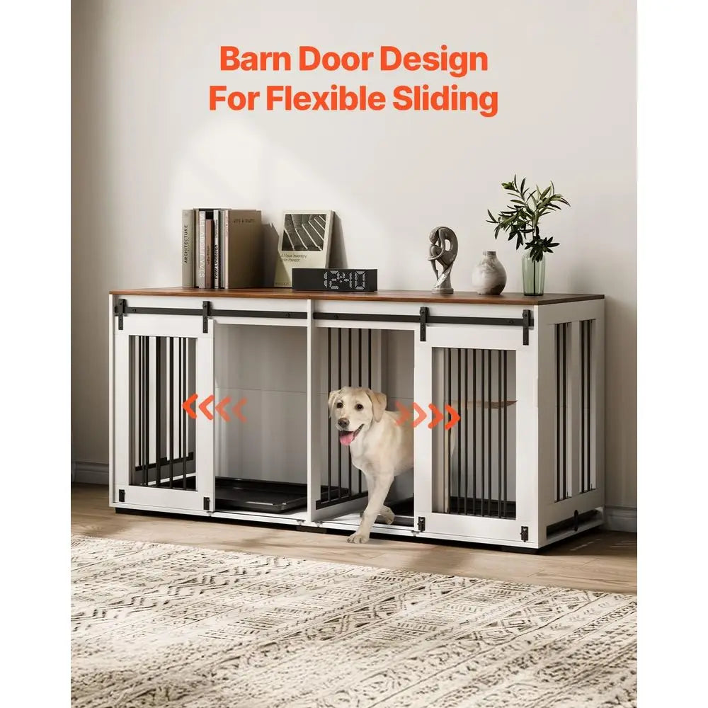 Dual Dog Crate Furniture with Sliding Doors, Large TV Stand Style, Removable Tray, Suitable for Small to Large Dogs, White Steel