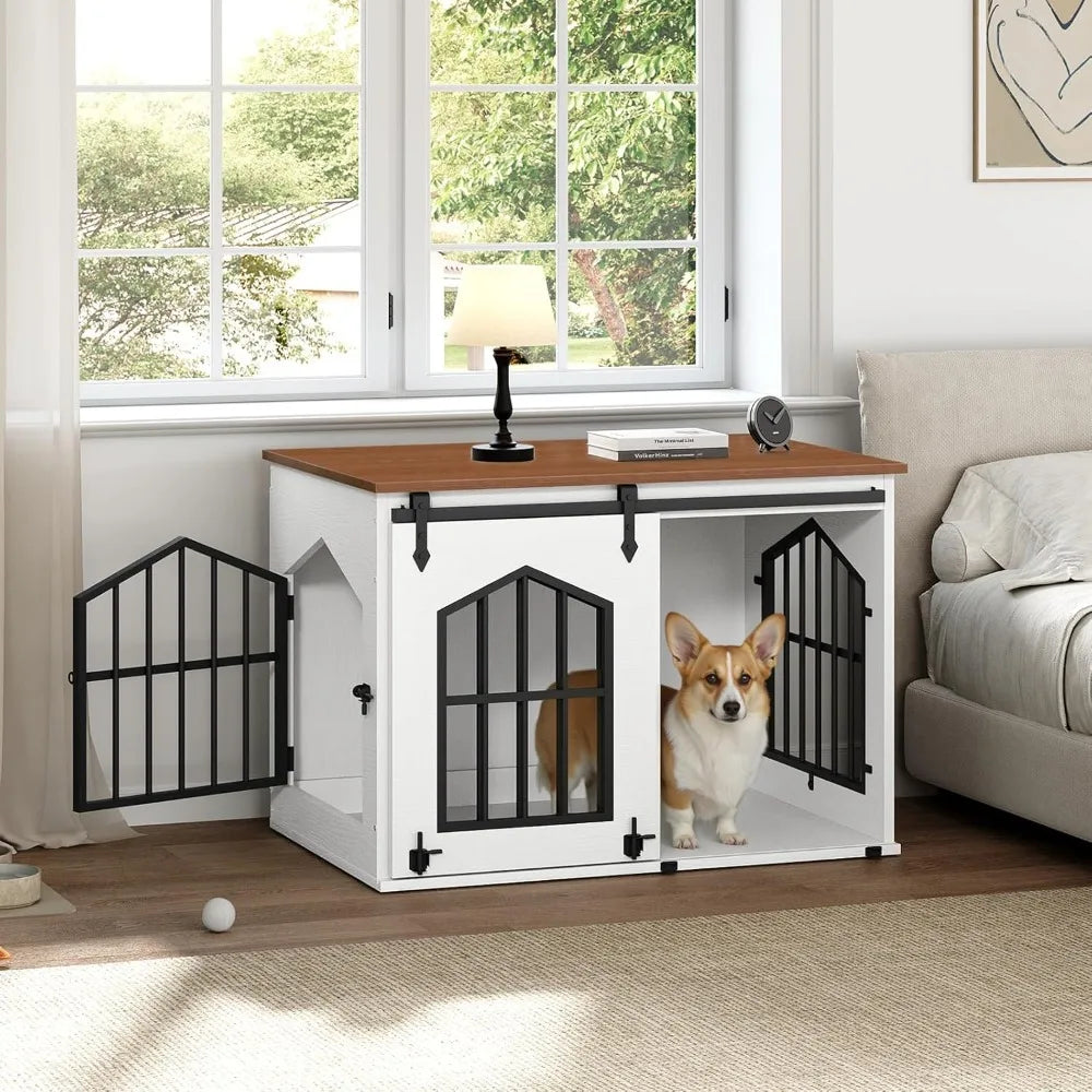 31.5" Farmhouse Dog Crate Furniture with Sliding Barn Door, Wooden Dog Cage for Small Medium Dogs, Decorative Pet House Side End Table, White and Walnut
