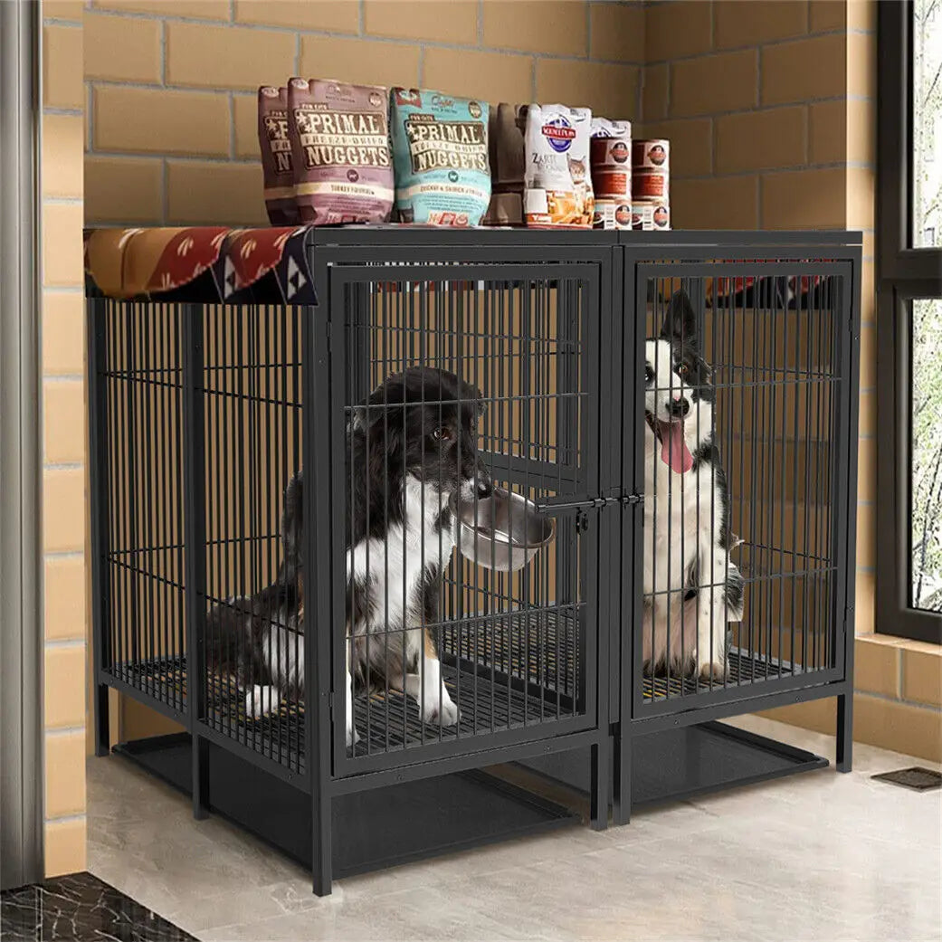 XXXL Large Heavy Duty Metal Dog Cage Raised Crate Pet Playpen Kennel Partition for 2 Dogs with Double Door Tray Divider Playpen