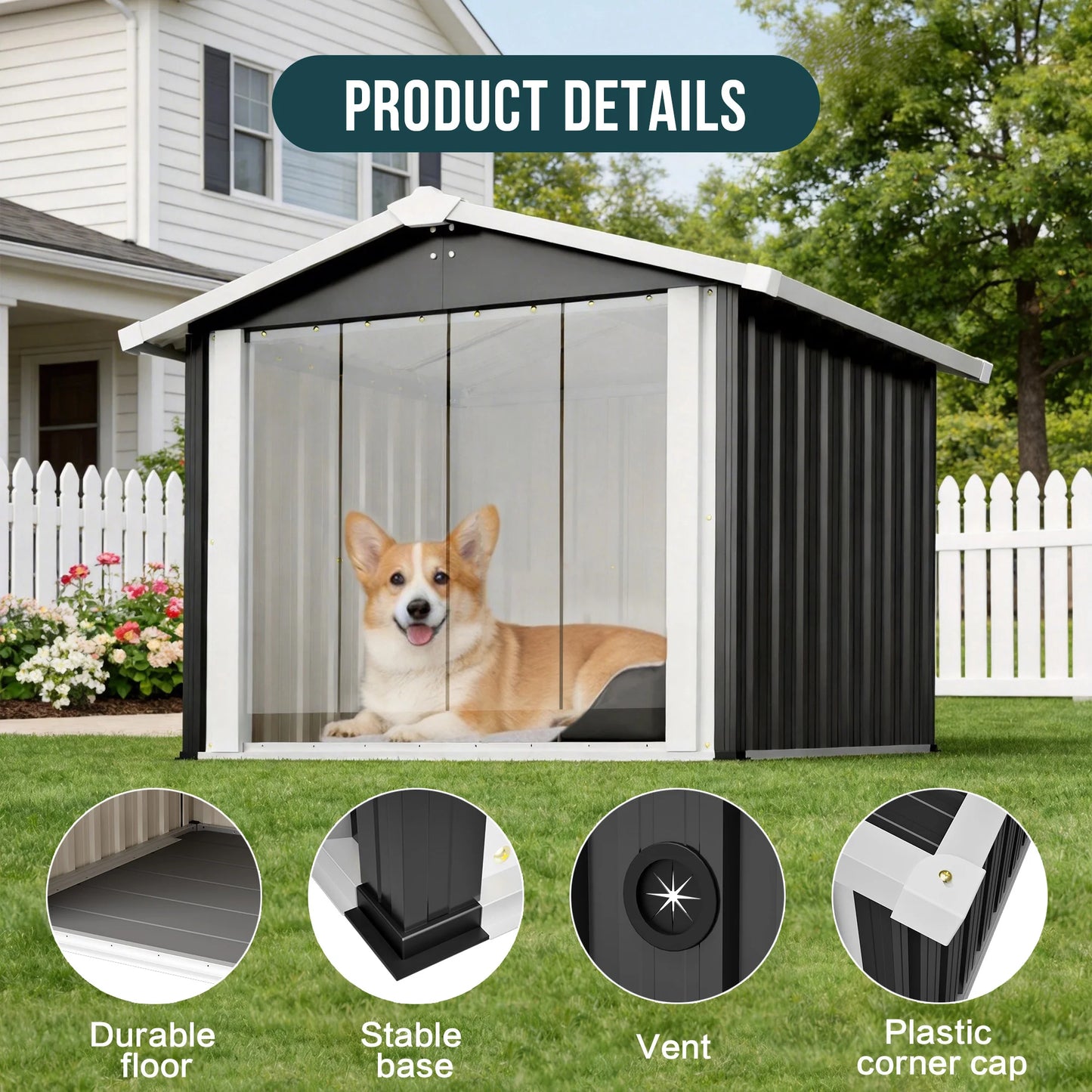 39.7x35.8x33.3 in 2 in 1 Metal Dog House Storage Shed Waterproof Shelter PVC Curtain Vent for Med Large Dogs Multi Pets Garden Yard