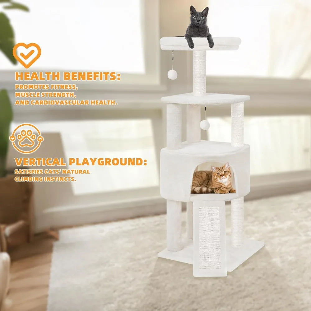 45 Inch Multi Level Cat Tower with Condo Scratching Posts Board and Toys for Indoor Small Spaces Beige