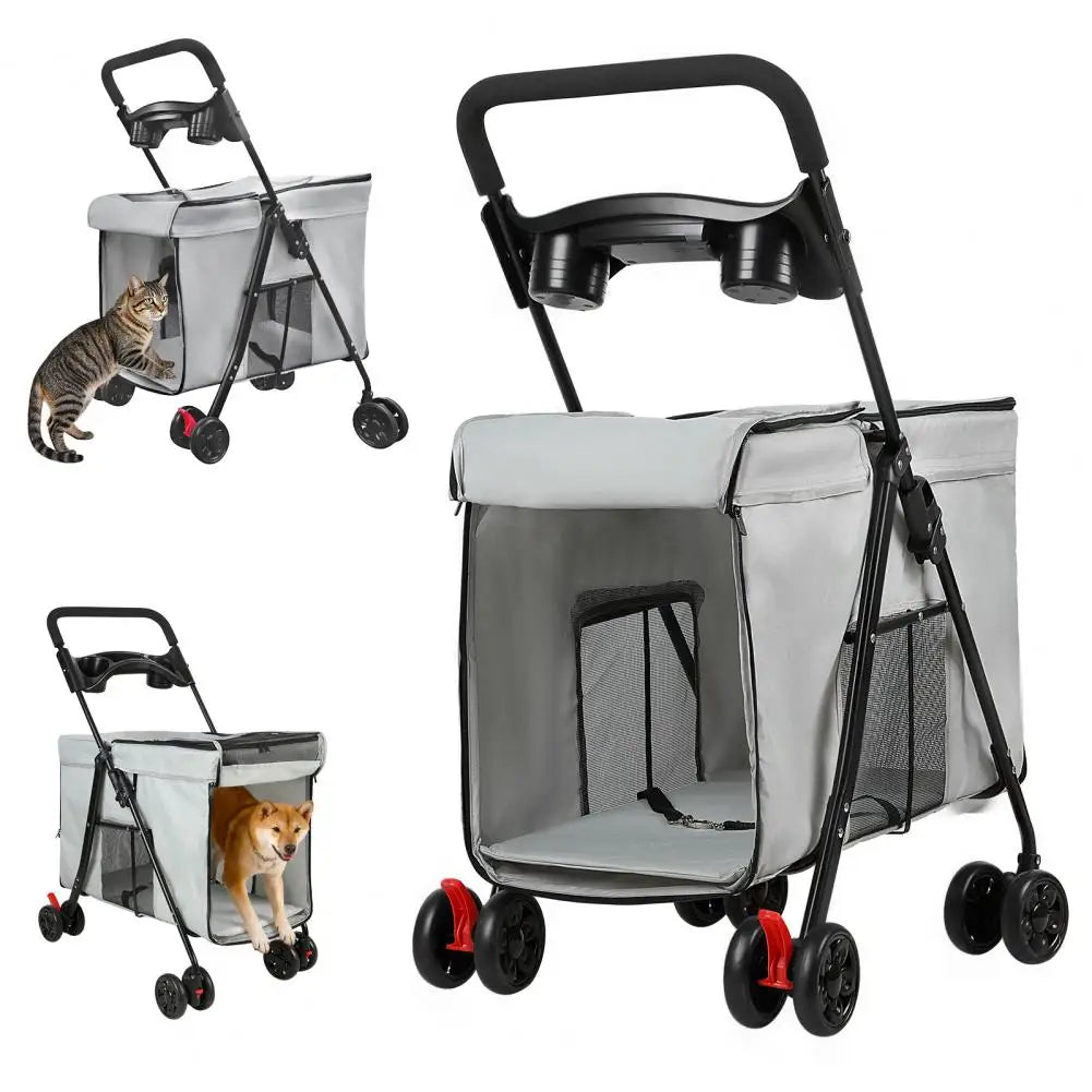 Foldable Cat Dog Stroller with Swivel Wheel, 5 Ventilation Windows & Removable Tray, Travel Pet Cart for Small/Medium Dog