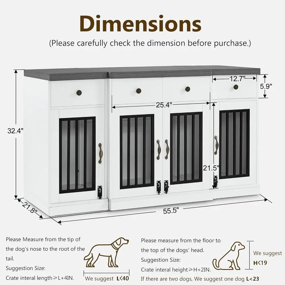 Medium/Large Dog Wooden Crate Furniture with 4 Drawers and 4 Lockable Doors, Pet Kennel TV Stand, White and Grey