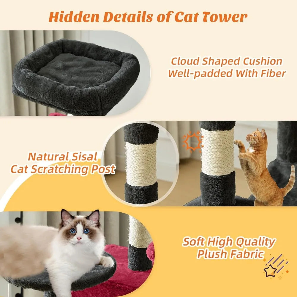 44 Inch Cat Tree Tower with Sisal Scratching Posts Hammock Condo for Indoor Cats Kittens Play Black Red