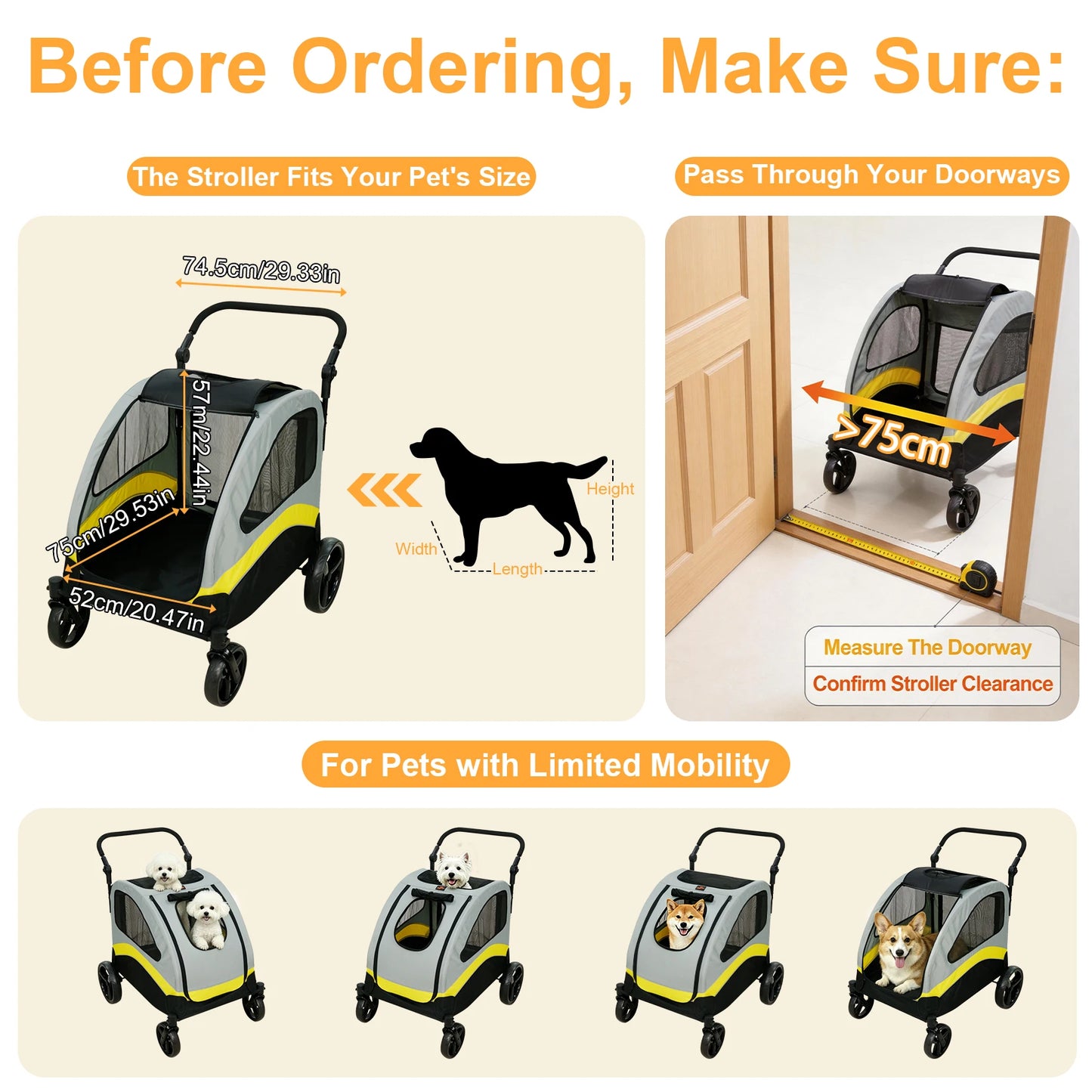 Premium Dog Stroller Pram 4 Wheel Foldable Cart Travel Walk Pet Jogger Wagon for Small Medium Large Dogs