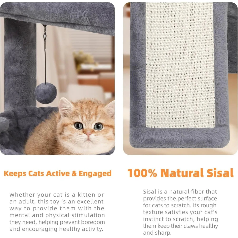 Cat Tree Tower with Scratching Posts Board Hammock and Toy Balls for Indoor Cats Grey