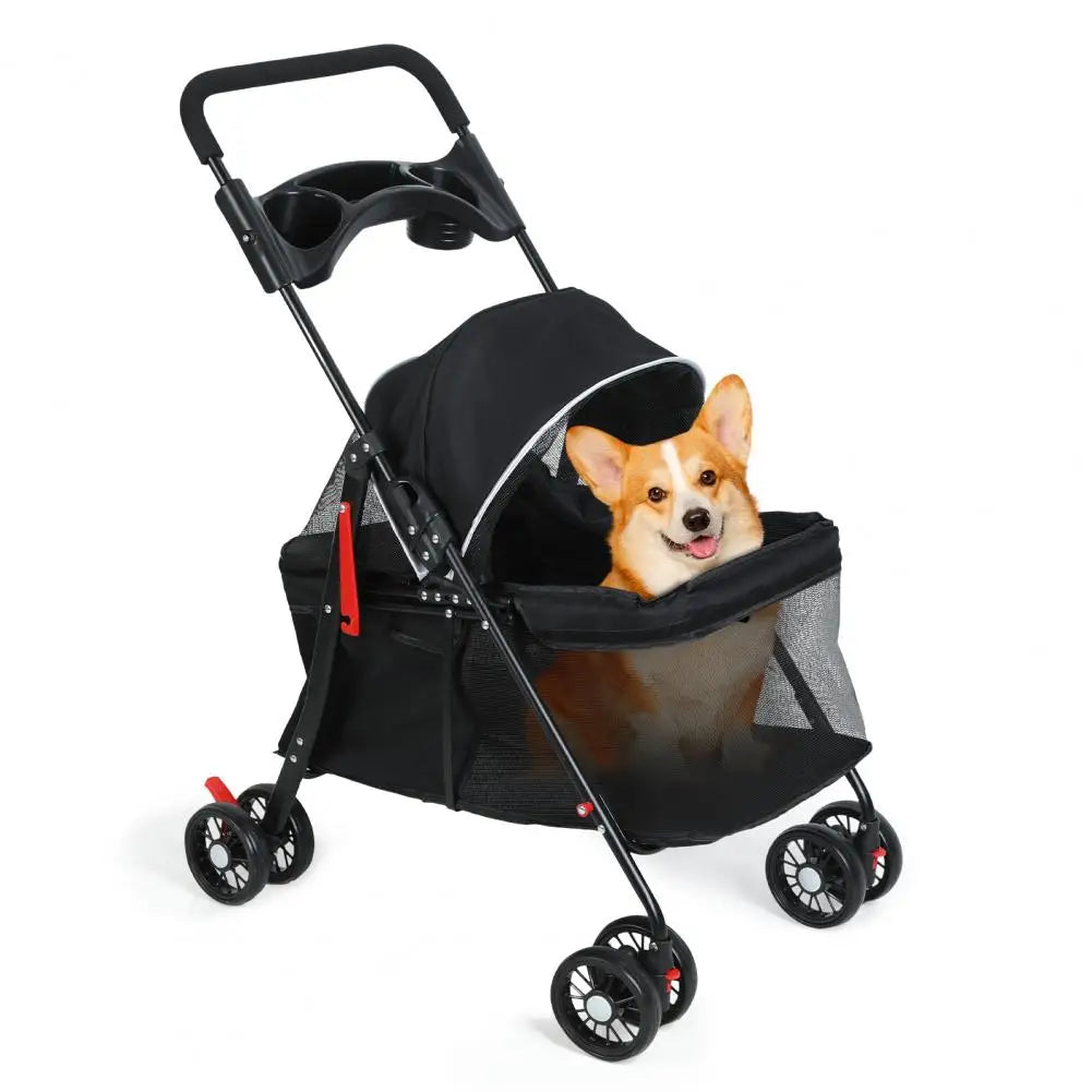 Dog Cat Stroller, Outdoor Travel Pet Cart Folding Stroller With Cup Holder, Visible Mesh Cage Stroller for Medium Small Dog