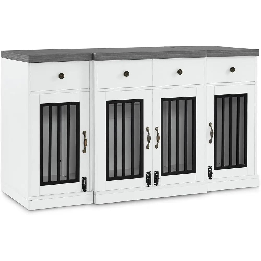 Medium/Large Dog Wooden Crate Furniture with 4 Drawers and 4 Lockable Doors, Pet Kennel TV Stand, White and Grey