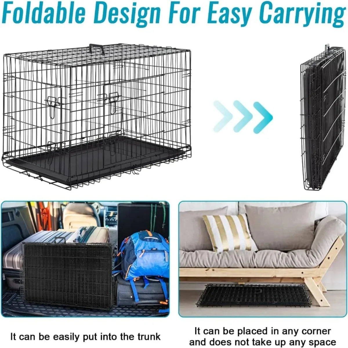 24 Inch Foldable Metal Dog Crate with Double Doors Divider Tray for Small Pets