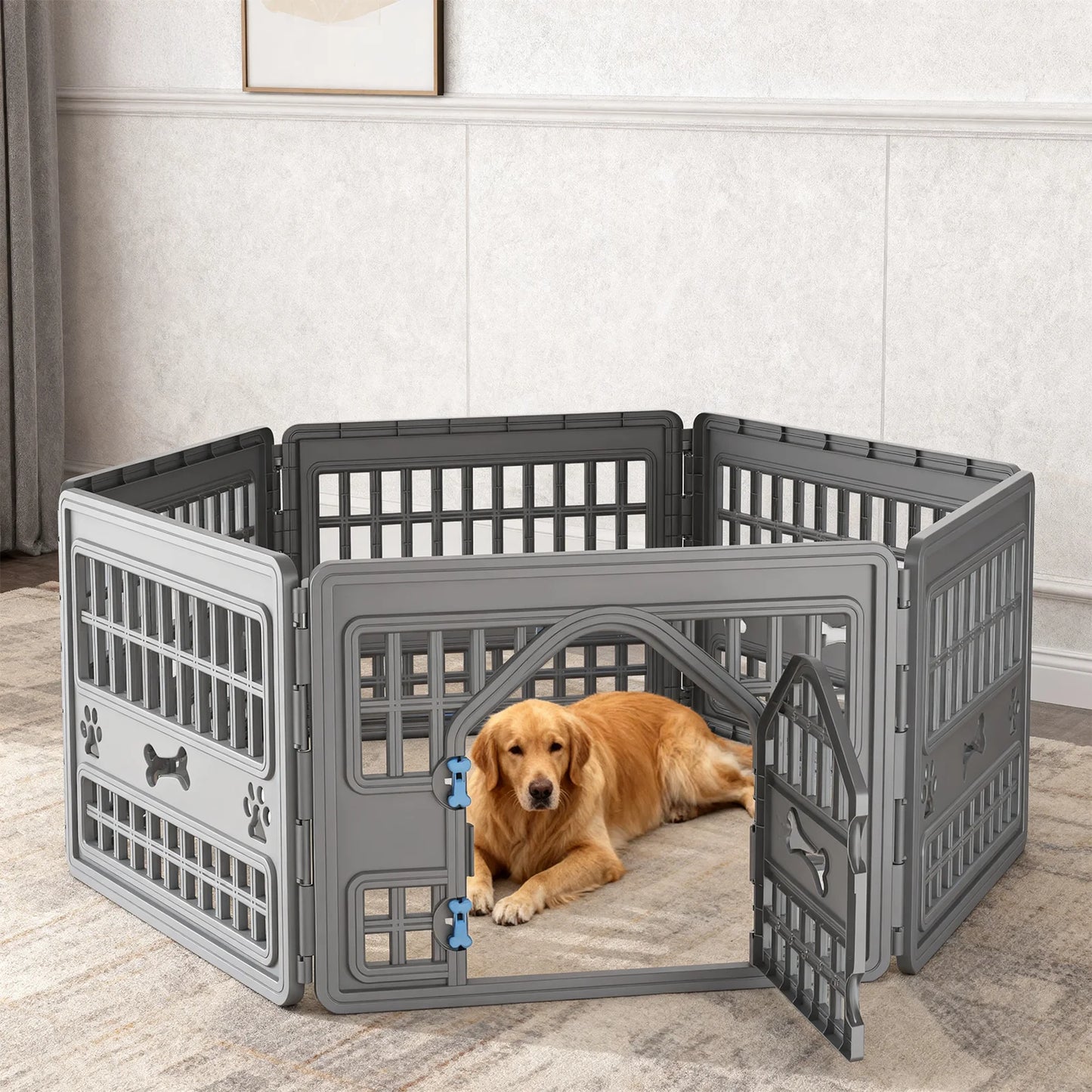 6 Panels Plastic Pet Playpen, Foldable Hexagonal Dog Exercise Fence with Door, Indoor Outdoor Puppy Enclosure for Small Medium Pets