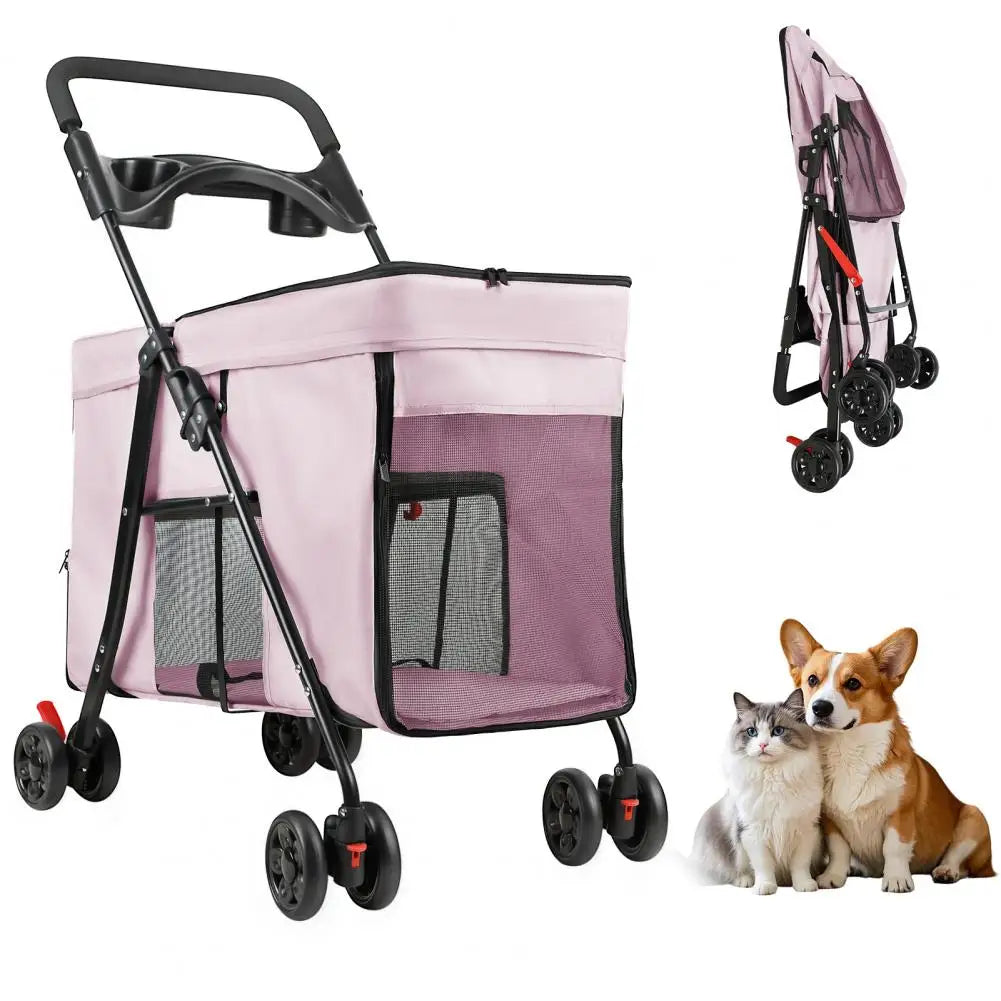 Foldable Cat Dog Stroller with Swivel Wheel, 5 Ventilation Windows & Removable Tray, Travel Pet Cart for Small/Medium Dog