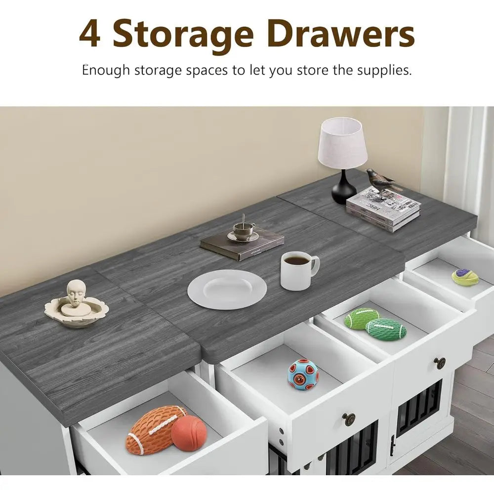 Medium/Large Dog Wooden Crate Furniture with 4 Drawers and 4 Lockable Doors, Pet Kennel TV Stand, White and Grey