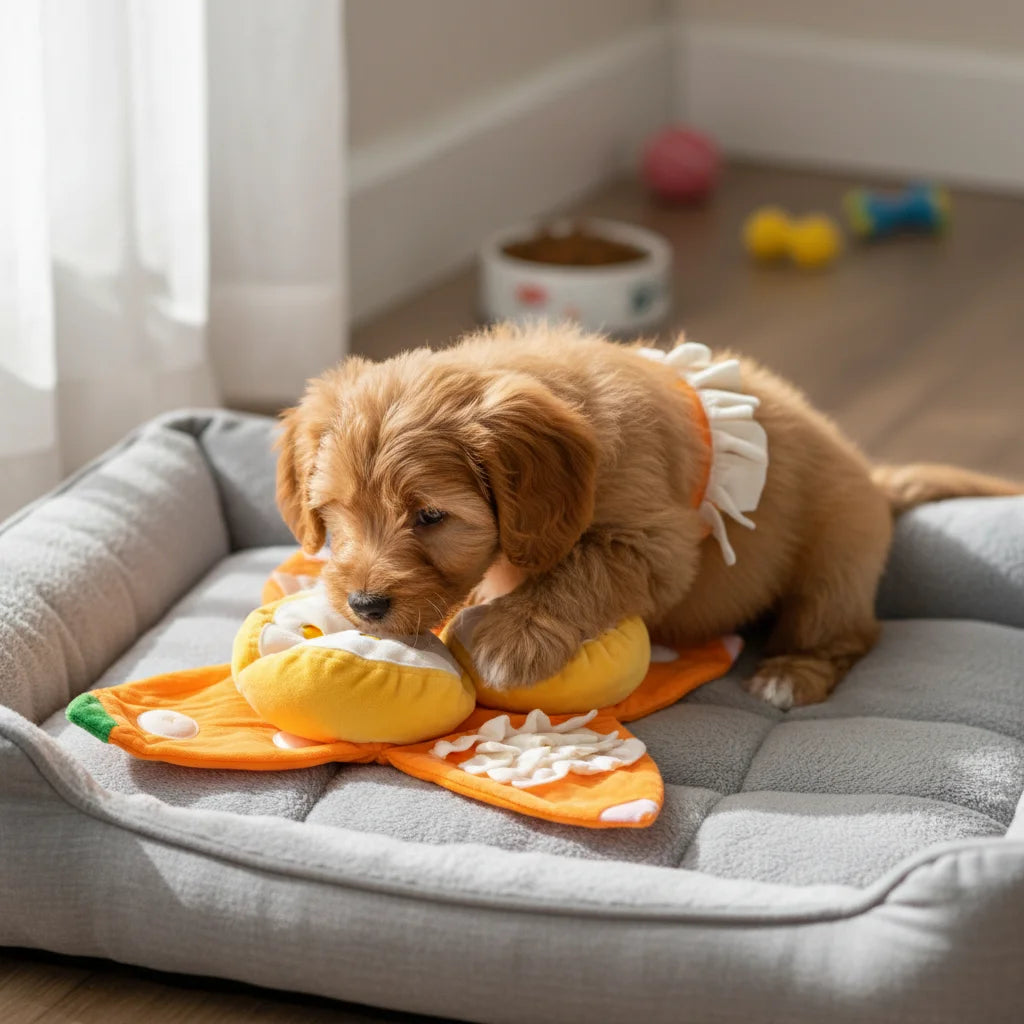 Soft Plush Dog Puzzle Toy Orange Hide and Seek Snuffle Mat With Squeaker Crinkle Sound For Interactive Play Small Dogs Toys