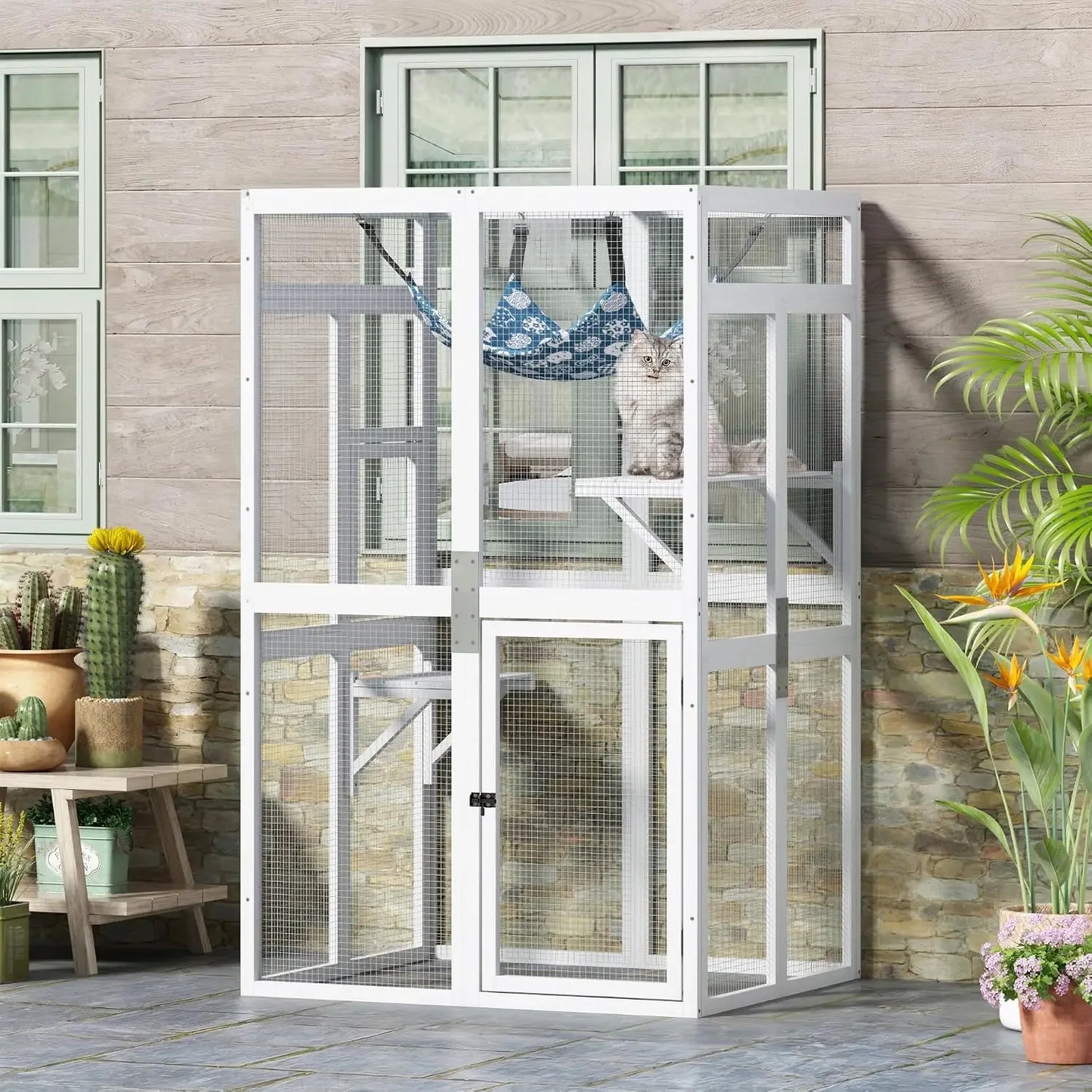 Wooden Catio Outdoor Cat Enclosure with Window Access & Mesh, Weatherproof Kitty House for Patio/Backyard (White)