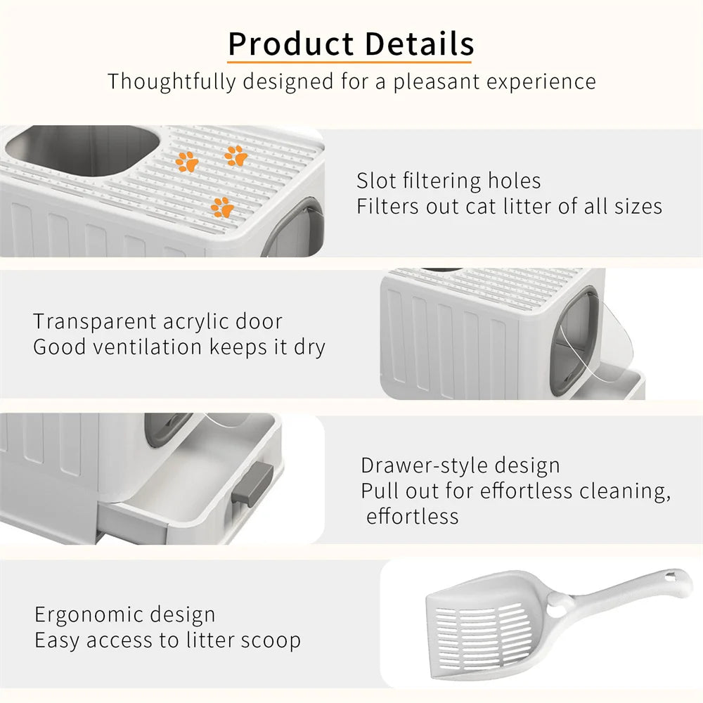 Large Cat Litter Box Pet Toilet Skylight Enclosed Drawer Scoop Covered Tray Pet Kitten Training Toilet with Scoop