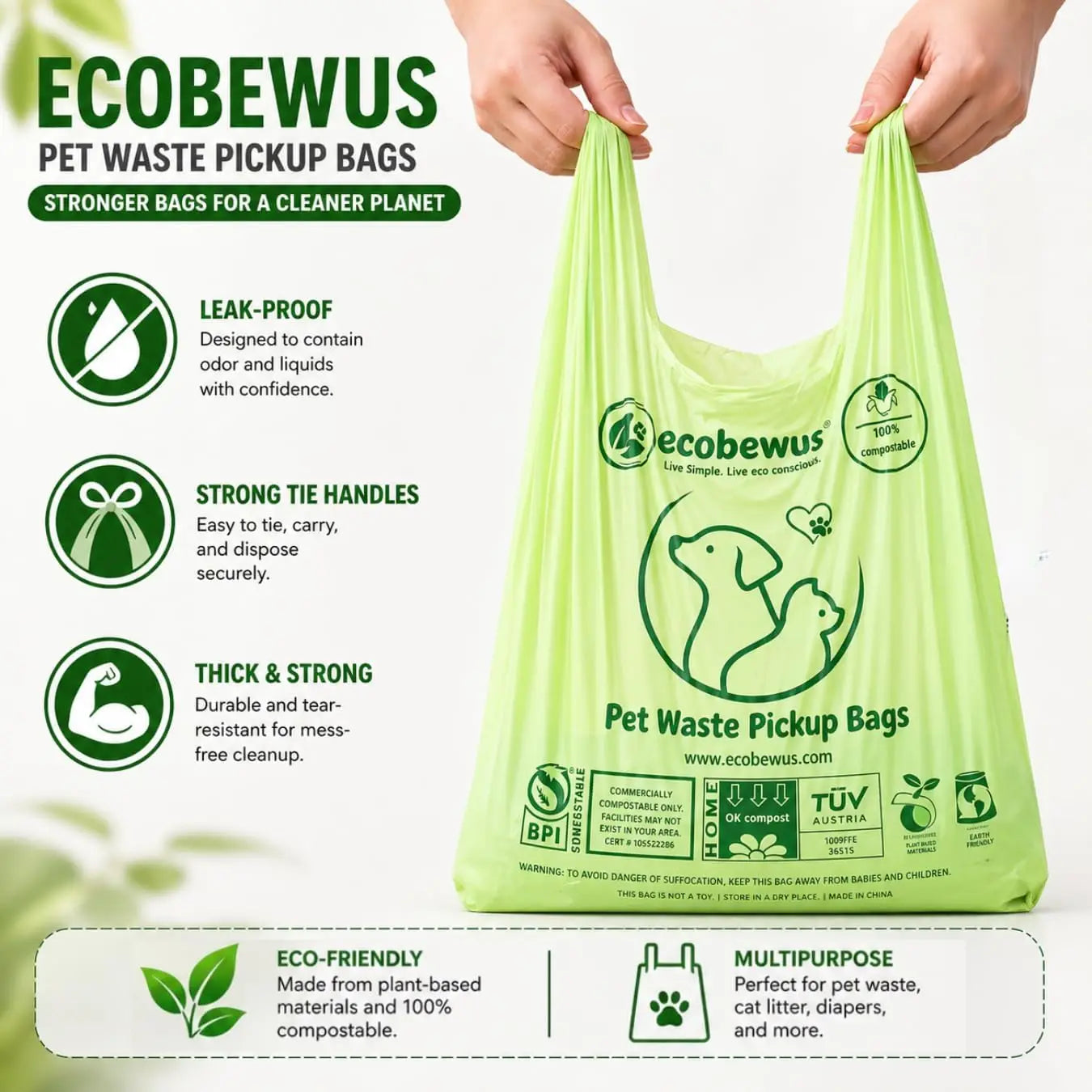 XL Compostable Dog Poop Bags (120 ct) - Plant-Based, Leak-Proof, ASTM D6400 & OK Compost Home Certified