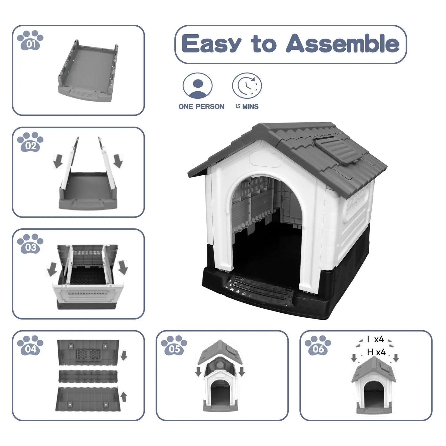 Waterproof Outdoor Dog House With Ventilation, Raised Floor And Openable Roof, Large Plastic Pet Shelter For Medium Dogs