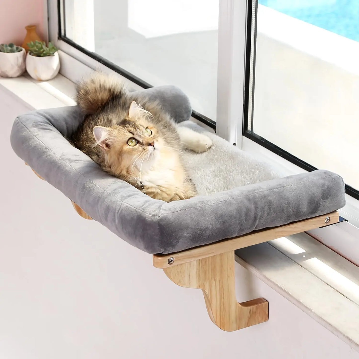 Cat Perch for Window Sill with Bolster - Orthopedic Hammock Design with Premium Hardwood & Robust Metal Frame - Cat Window Seat for Large Cats - Natural Color Wood Gray Bed, 26.4''W