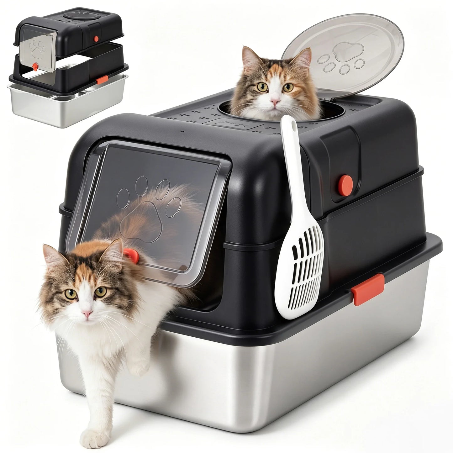 Dog Proof Litter Box Large Stainless Steel Cat Litter Box with Lid, XL Enclosed Metal Litter Pan, Front Entry Top Exit, High-Sided Anti-Leak, Includes Scoop for Big Cats & Multi-Cat Home