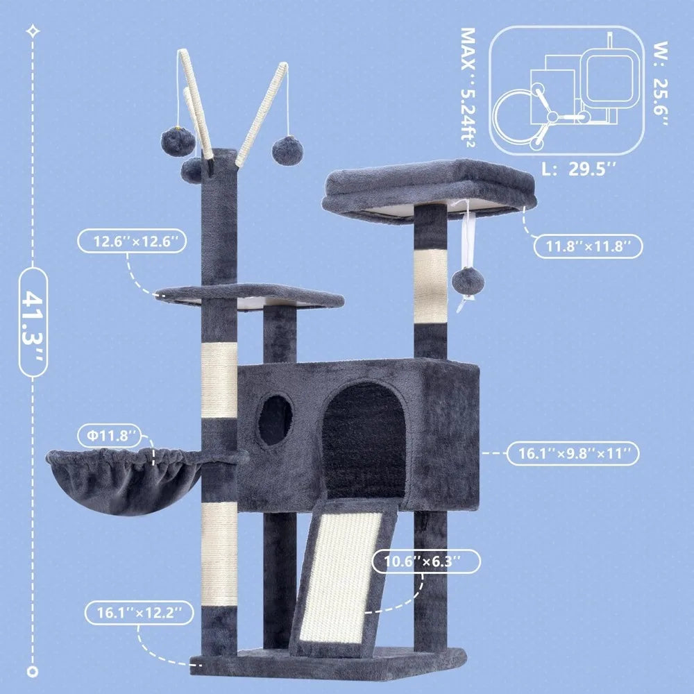 Cat Tree Tower Scratching Posts Condo Platform Hammock Sisal Scratch Board Ball Indoor Kittens 41 Inches
