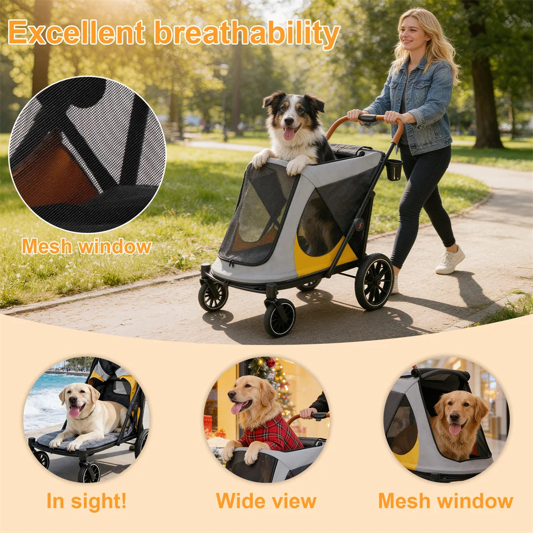 Portable Dog Stroller for Large Dogs: Outdoor Pet Stroller with One-Click Folding Dual Entry Pet Stroller Jogger Cart on Wheels, Storage Pockets, for Dogs Up to 42kg