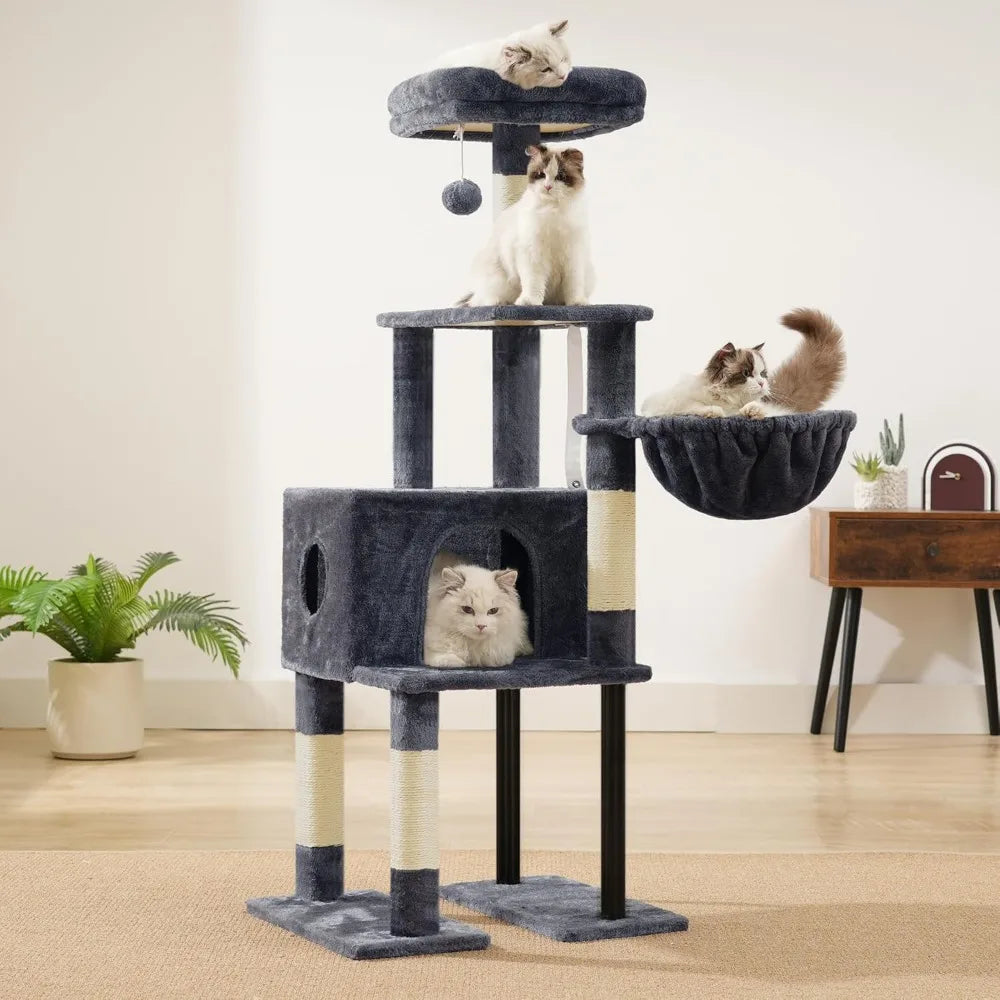 49In MultiLevel Cat Tower with Hidden Condo Steel Frame Plush Perch Hammock and Sisal Posts