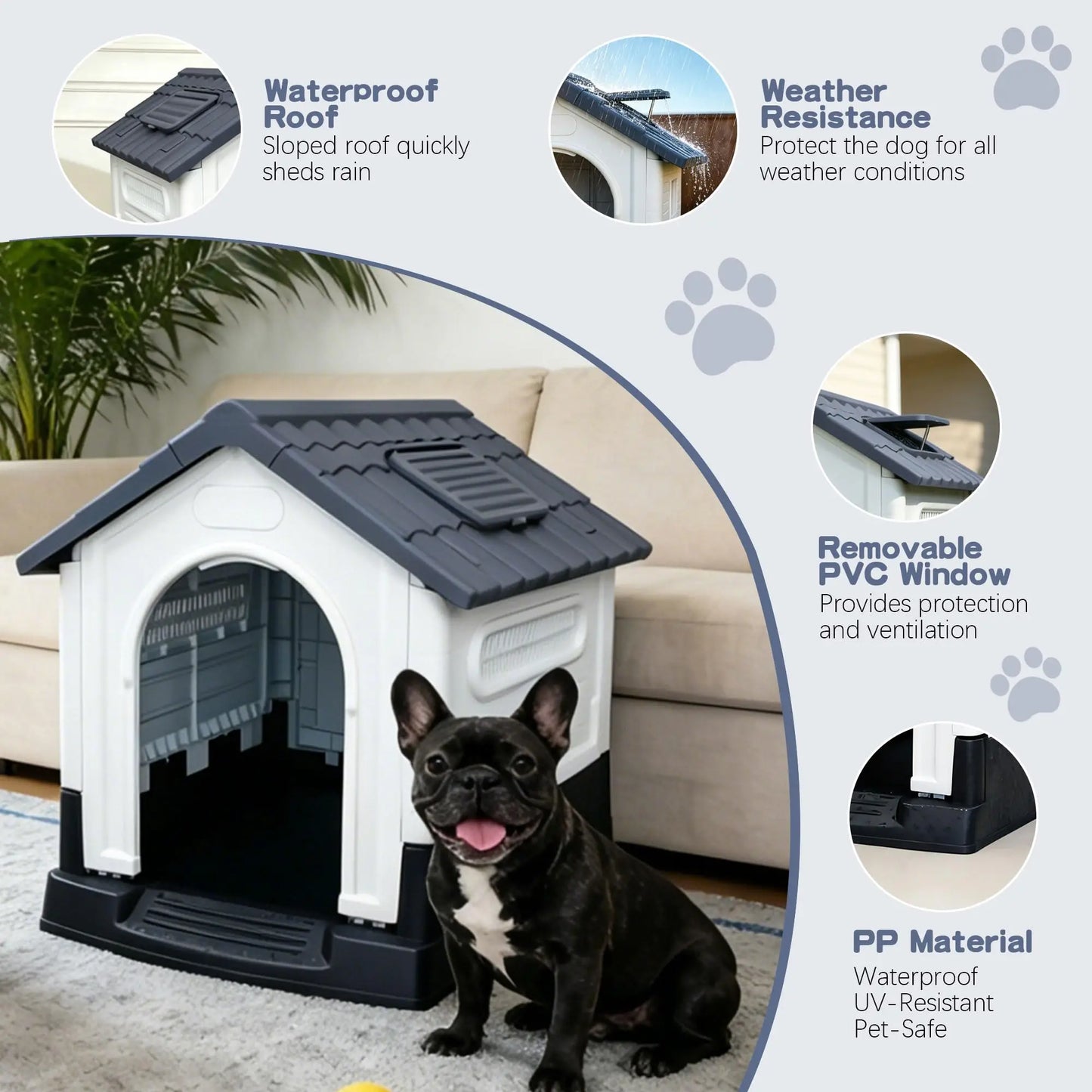 Waterproof Outdoor Dog House With Ventilation, Raised Floor And Openable Roof, Large Plastic Pet Shelter For Medium Dogs