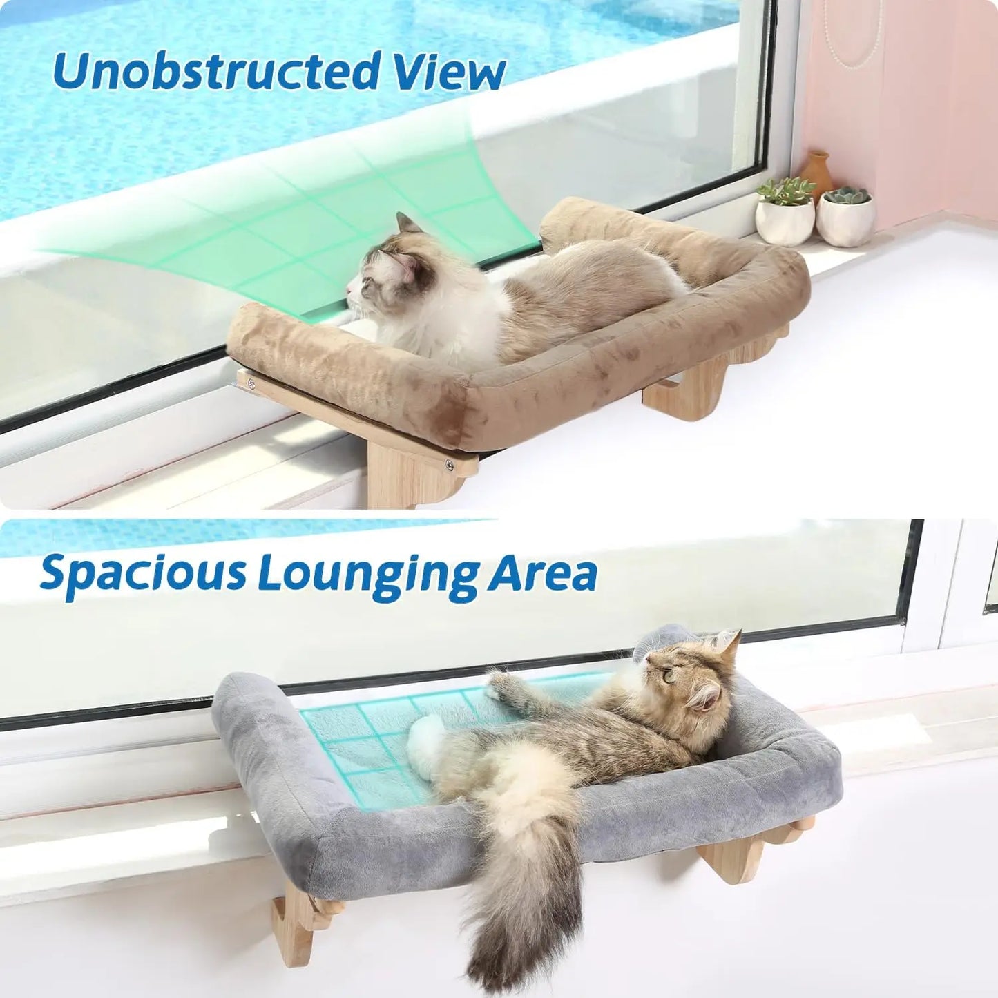 Cat Perch for Window Sill with Bolster - Orthopedic Hammock Design with Premium Hardwood & Robust Metal Frame - Cat Window Seat for Large Cats - Natural Color Wood Gray Bed, 26.4''W
